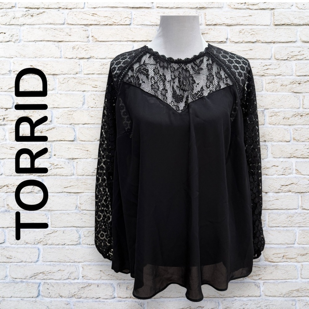 NWT Torrid Deep Black Georgette Mock Neck Lace Yoke Long Sleeve Blouse Size 1X